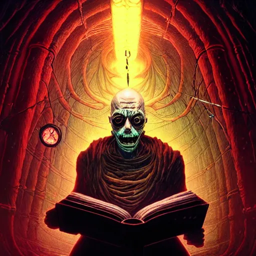 Prompt: uhd photorealistic dark scifi illustration of klaus schwab, reading necronomicon wearing bizarre voodoo makeup. cinematic lighting, intricate makeup, swirling ghosts, in the style of akira toriyama, beksisnski, amano and karol bak, evil, fantasy, hyperdetailed.