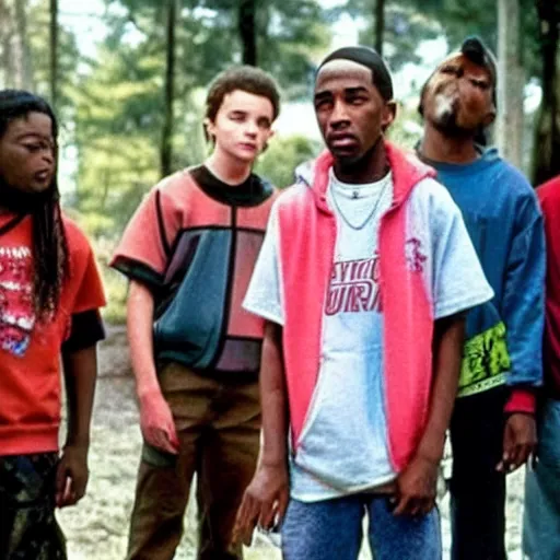 Image similar to movie still of tupac as a new character in next season of stranger things. he is wearing a hoodie and standing with crossed arms as the cast tells him about the upside down