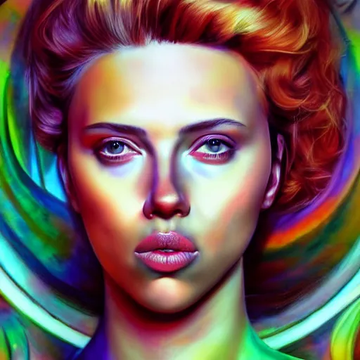 Prompt: An extremely psychedelic portrait of Scarlett Johansson, surreal, LSD, face, detailed, intricate, elegant, lithe, highly detailed, digital painting, artstation, concept art, smooth, sharp focus, illustration