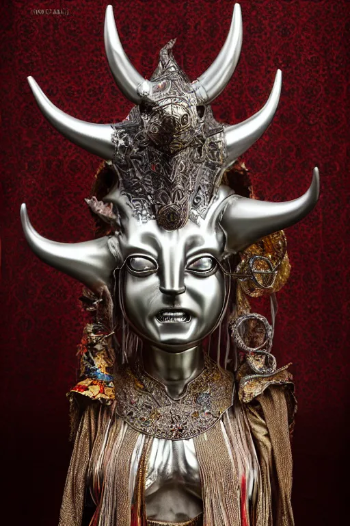 Image similar to chrome carved statue of horned persian sacred demon goddess, metallic polished intricated sculpture, dressed with a colorful torn cotton cloak, made by antonio corradini, and dug stanat macabre art, dark surrealism, epic and cinematic view, volummetric light, texturized, detailed, 8 k