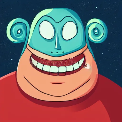 Image similar to portrait of a fat blue alien. big friendly smile. character concept art. science fiction illustration. close up of the face. key panel art graphic novel. detailed face, beautiful colour palette. digital painting.