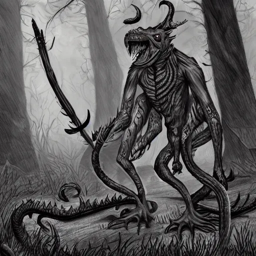 Image similar to big butcher anthropomorphic male lizardfolk posing scarily, scary angry pose, covered in blood, fresh kill, cleaver, in a forest, earie setting, lovecraft, eldritch, horror, hyperdetailed, furaffinity, furry art