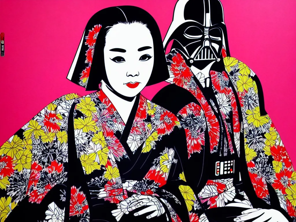 Image similar to hyperrealistic composition of the detailed woman in a japanese kimono sitting at a extremely detailed black jack table with hyperdetailed darth vader, fireworks, mountain fuji on the background, pop - art style, jacky tsai style, andy warhol style, acrylic on canvas