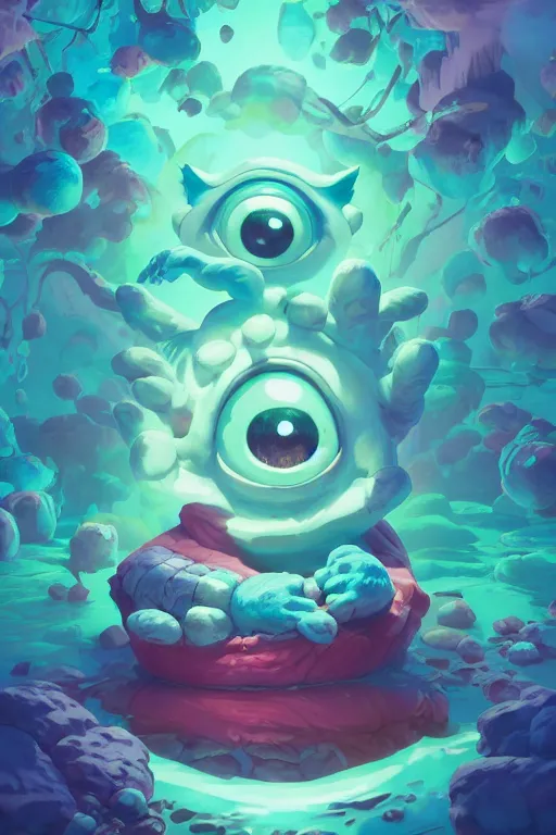 Image similar to smurf ghost creature animal sushi cristal very big eye roots cactus elemental flush of force nature micro world fluo fishscale, behance hd by jesper ejsing, by rhads, makoto shinkai and lois van baarle, ilya kuvshinov, rossdraws radiating a glowing aura global illumination ray tracing hdr