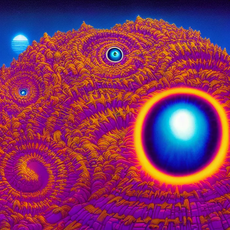 Image similar to mysterious eyeball hovers over mythical crystal temple, fractal waves, synthwave, bright neon colors, highly detailed, cinematic, tim white, michael whelan, roger dean, bob eggleton, lisa frank, vladimir kush, kubrick, kimura, isono