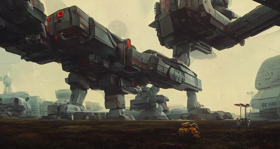 Image similar to Landscape with GIANT mechatronics megastructure looming in the distance fighting each other, inspired by gundam, cinematic, rendered by simon stålenhag, rendered by Beeple, Makoto Shinkai, syd meade, environment concept, digital art, unreal engine, 3 point perspective, WLOP, trending on artstation, low level, 4K UHD image, octane render,