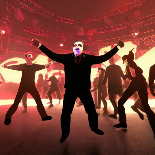 Image similar to a detailed picture of adolf hitler dancing at a rave, edm fans, neon lights, dance club rave, volumetric lighting, greg rutkowski and alphonse mucha, 8 k, octane render