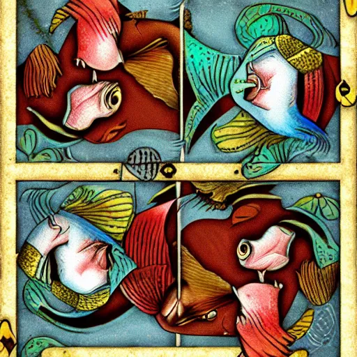 Image similar to two fishes playing cards at the bottom of the sea, lowbrow surrealistic, in the style of mark ryden,