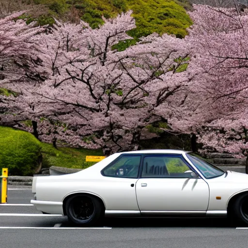 Image similar to photo of a dragon black polka dotted furred dragon driving a nissan hakosuka 2000 GTR down the cherry blossoming mt hakone