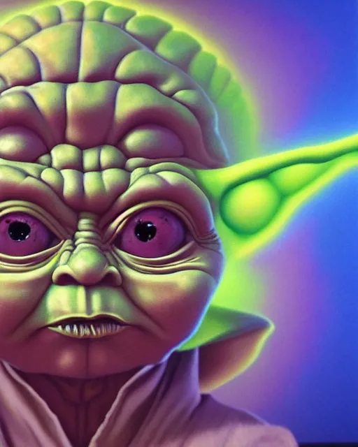 Image similar to portrait ultra dimensional baby yoda tripping on dmt, psychedelic experience, overwhelming self realization and awakening, ultra high definition, unreal engine 5, hyperrealism, masterpiece composition, surrealism by alex grey, salvador dali 8 k photorealistic