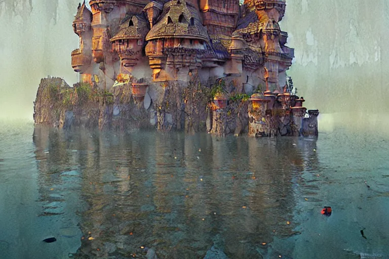Image similar to castle under the water, character design, painting by jean giraud, greg rutkowski, carl larsson