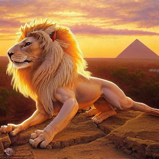 Image similar to a realistic oil painting of a winged lion's body with an eagle!! head, in an ancient egyptian temple, at purple sunset, highly detailed, trending on artstation, by james gurney and michael whelan and krenz cushart and alphonse mucha