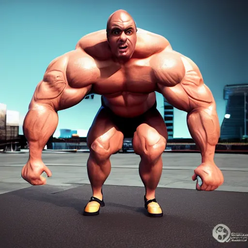 Prompt: Mr. Bean as an overly muscular, testosterone filled, crazy-eyed bodybuilder chad, fullbody, fashion photo, unreal engine