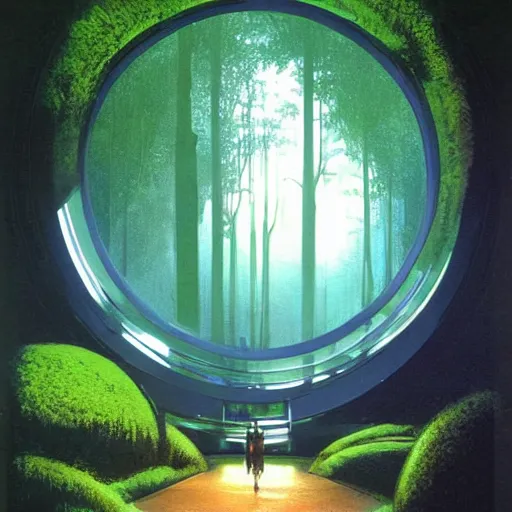 Image similar to portal in a middle of a lush futuristic forest, alien world seen through a portal, syd mead, john harris