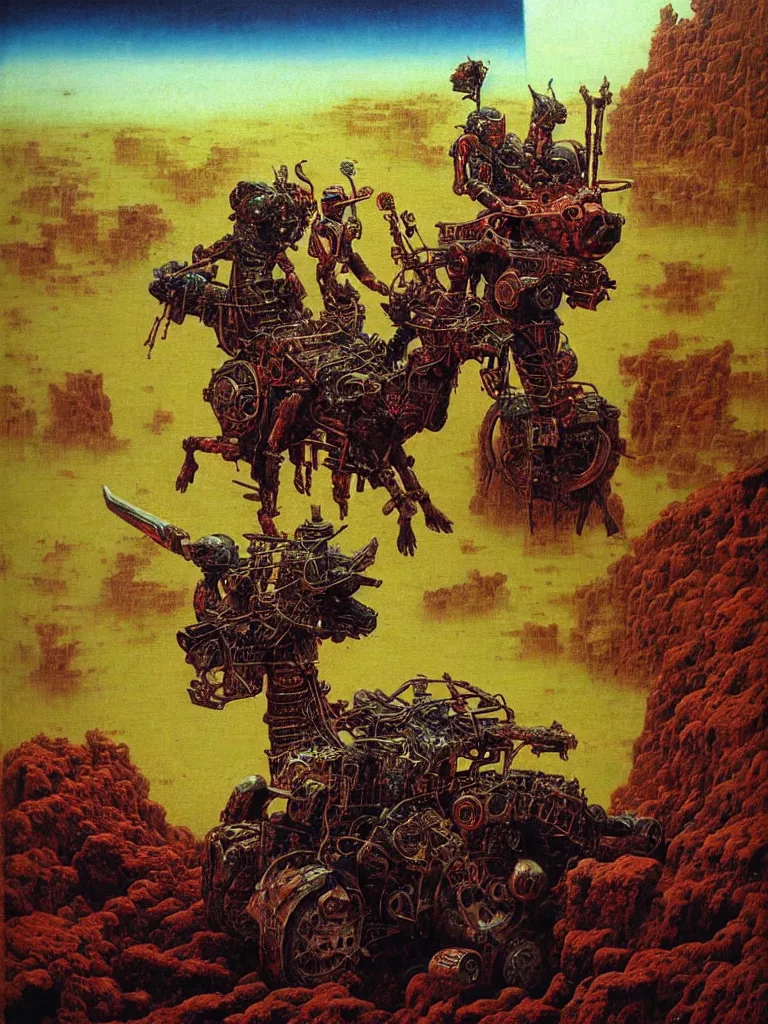 Image similar to epic llama wizard riding futuristic quadbike through the gates of hell, wearing samurai armour, and firing missiles, highly detailed beksinski painting