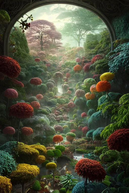 Image similar to ethereal garden, part by robert beatty, part by james jean, part by ross tran, part by jacek yerka, part by leslie zhang, surreal, highly detailed, beautiful detailed intricate insanely detailed octane render trending on artstation, 8 k artistic photography, photorealistic, volumetric cinematic light, chiaroscuro