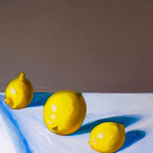 Prompt: lemons dramatic lighting on white draping tablecloth, oil painting, pale colors, high detail, 8 k, wide angle, trending on artstation,