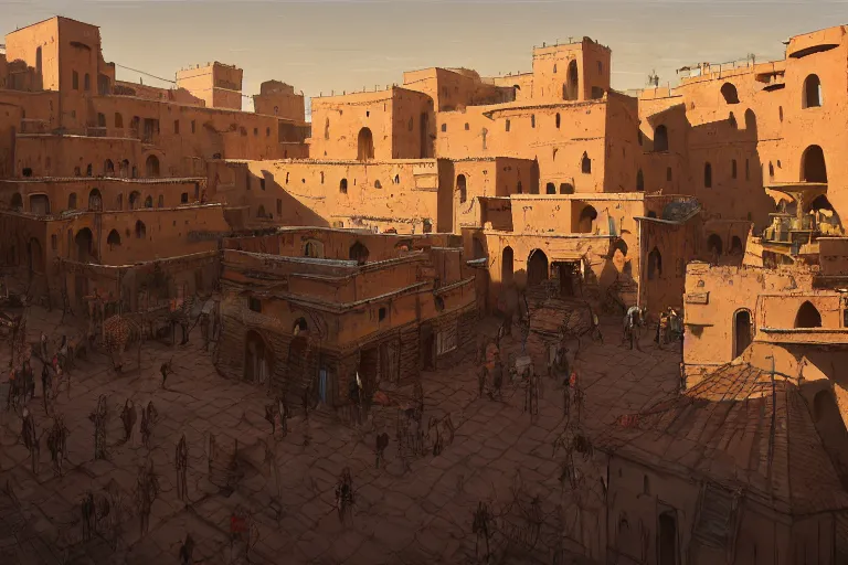 Prompt: in the middle of a adobe house kasbah town, mud and brick houses, merchant street, pueblo dense architecture, colorful crowd. Huge persian temple in a plaza, round roof. Scenic view at night, underexposed, clean horizon, matte painting by craig mullins and dan mumford, dark fantasy, style of game of thrones, concept art trending on artstation, 4k, insane details