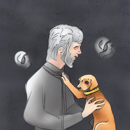 Image similar to the dark Lord petting his dog, Digital art,