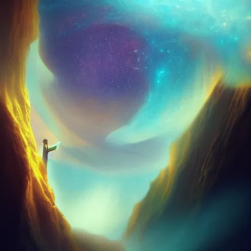 Prompt: a cloaked figure looking over a canyon landscape, face of a nebula within an orb, figure wearing gold and turquoise silken robe, in the style of jin kagetsu, wlop, masterpiece, award winning, misty morning, sharp focus, intricate concept art, 2 0 0 mm lens, hyperrealistic photography, lighting, 4 k, artstation