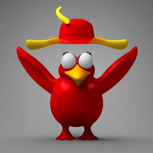 Image similar to 3 d model of a red penguin with horns wearing a belt, blender render, fully in frame