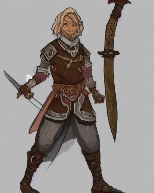 Image similar to a concept art of a D&D character, holding a small sword made by Donutello, white background