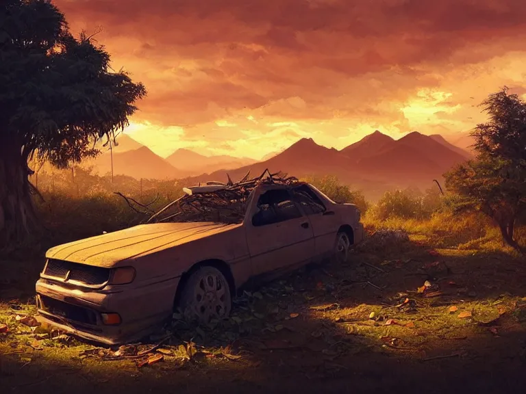 Image similar to low angle shot of tree growing inside scrap car in the foreground. overgrown. soft golden red sunset over the mountains in the background. clouds. detailed leaves. hyperrealistic, highly detailed, cinematic, beautiful, cgsociety, artstation, oil painting by greg rutkowski, by artgerm, by wlop