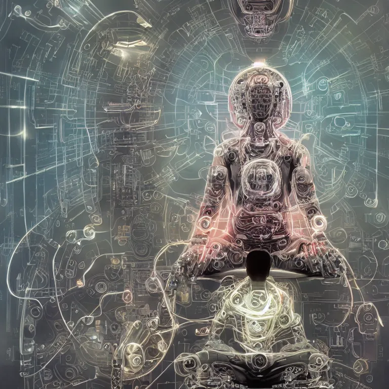 Image similar to Meditating cyborg with many cybernetic implants and wiring and a portable fusion reactor instead of a heart, sitting in a lotus pose, slightly smiling, techno-optimism, utopia, sci-fi, hyperrealist, centered, wide angle shot, sharp focus, detailed, intricate, 4k UHD, creative lighting, digital painting by Greg Rutkowski, face by artgerm, digital art, trending on artstation, top post of all time on /r/transhumanism subreddit