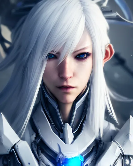 Image similar to perfect white haired girl, warframe armor, beautiful, dreamy, half asian, pretty face, blue eyes, detailed, windy weather, scifi platform, laboratory, experiment, 4 k, ultra realistic, epic lighting, cinematic, high detail, masterpiece, by akihiko yoshida, kazuya takahashi