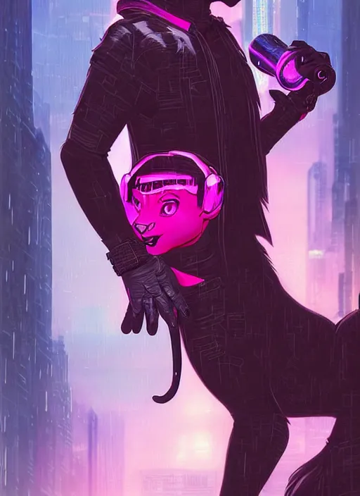 Prompt: award winning beautiful portrait commission of a male furry anthro puma fursona with a tail and a cute beautiful attractive detailed furry face wearing stylish black and pink cyberpunk clothes in a cyberpunk city at night while it rains. Character design by charlie bowater, ross tran, artgerm, and makoto shinkai, detailed, inked, western comic book art