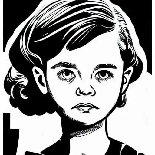 Image similar to clean simple line art of a little girl with short wavy curly hair. she is a super hero. white background. well composed, clean black and white line drawing, beautiful detailed face. illustration by charlie adlard and steve ditko