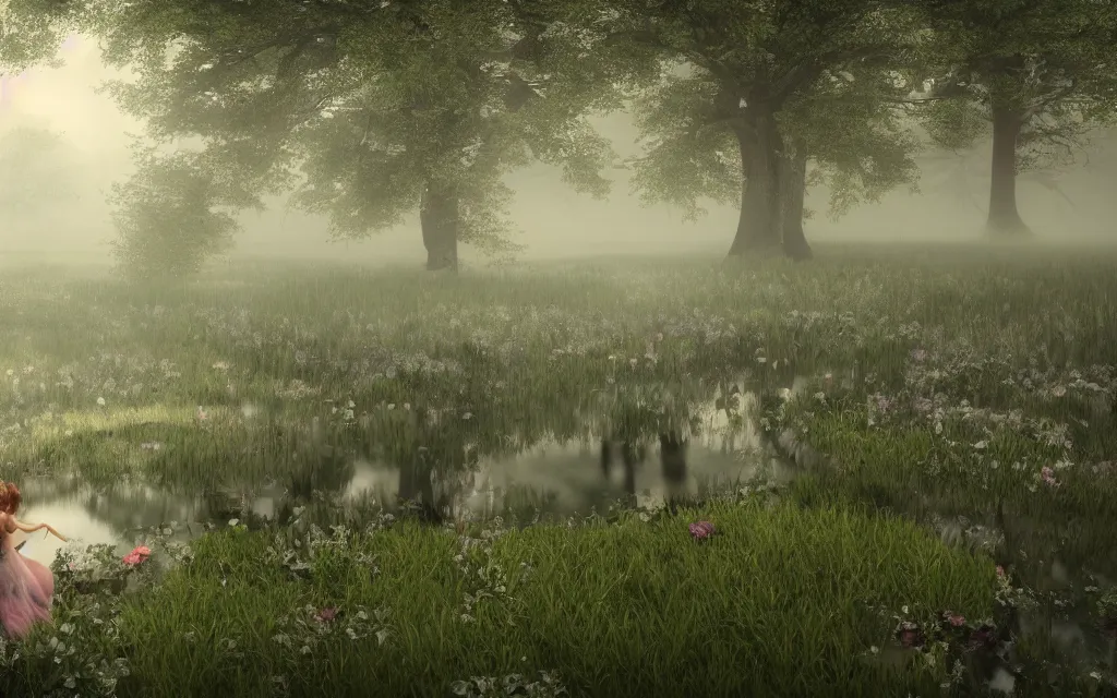 Image similar to gorgeous fairy looking into an aethereal pond in a gloomy meadow covered by fog, photorealistic, 8K rendered with octane