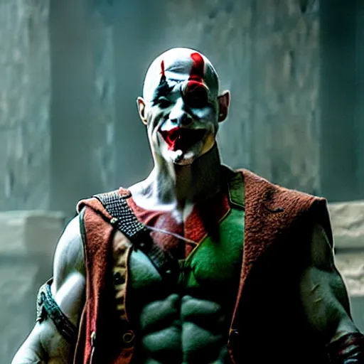 Prompt: film still of kratos as the joker in the new batman movie