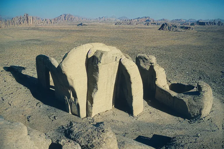 Prompt: film still of monumental neoclassical deep spiral megalith temple in the desert, by Étienne-Louis Boullée cinestill 800t 35mm full-HD