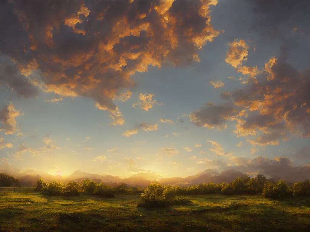 Prompt: a oil painting of a serene landscape with a wasted way, west wing, at sunset, concept art, octane render, unreal engine 5, trending on deviantart, highly detailed, high quality, oil painting, digital painting, masterpiece, hyperrealistic, breathtaking landscape, soft lighting, godrays, complementary colors, natural lighting