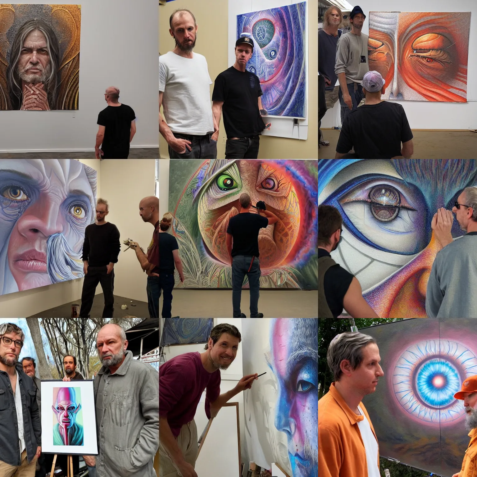 Image similar to painters Alex Grey together with painter Greg Rutkowski looking in the camera at the people who stole their job