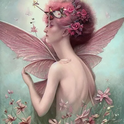 Image similar to symmetry!! a pink beautiful fairy with large wings and flowing hair is exploring her flower garden, style of tom bagshaw, extremely detailed, muted colors, negative space