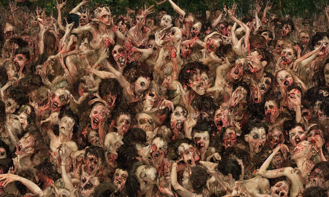 Prompt: a detailed digital art portait of undead nymphs in a mosh pit, art by norman rockwell, pixar style