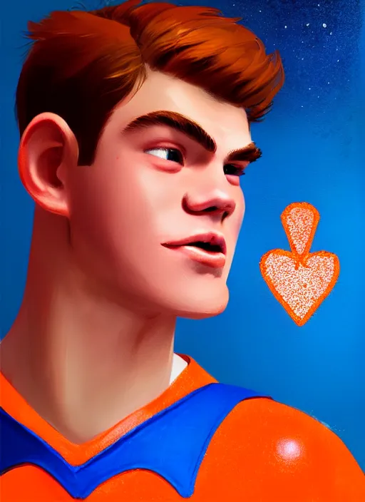 Image similar to friendly teenage archie andrews wearing an orange superhero costume with heart logo, heart, freckles, blue cape, heart emblem on chest, blue cape, intricate, elegant, glowing lights, highly detailed, digital painting, artstation, sharp focus, illustration, art by wlop, mars ravelo and greg rutkowski