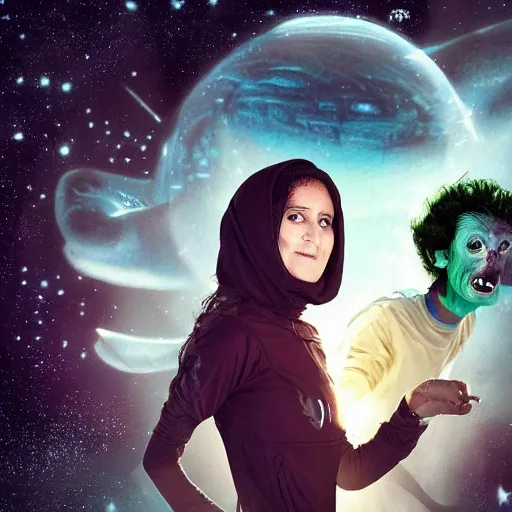 Prompt: alien next to salma haylek running from aliens