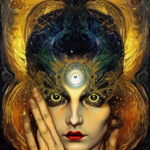 Image similar to Divine Chaos Engine by Karol Bak, Jean Deville, Gustav Klimt, and Vincent Van Gogh, beautiful visionary mystical portrait, sacred, otherworldly, fractal structures, Surreality, ornate gilded medieval icon, third eye, spirals, horizontal symmetry