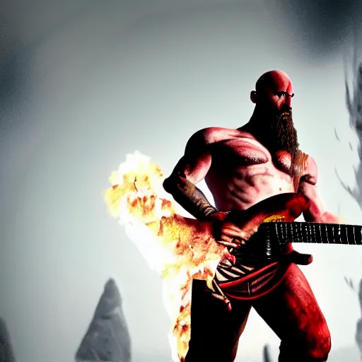 Image similar to kratos shredding on a flaming stratocaster guitar, cinematic render, god of war 2 0 1 8, santa monica studio official media, lightning, spartan rage, head turned