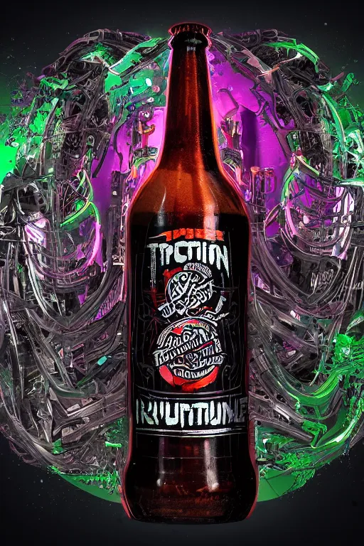 Image similar to photo of a beerbottle, band merchandise, bandname is tripmachine, tourname is invasion of the tripmachines, realistic digital art, label is printed with a 3 d render of a huge futuristic steampunk generator, 8 k, fluorescent colors, halluzinogenic, multicolored, exaggerated detailed, unreal engine