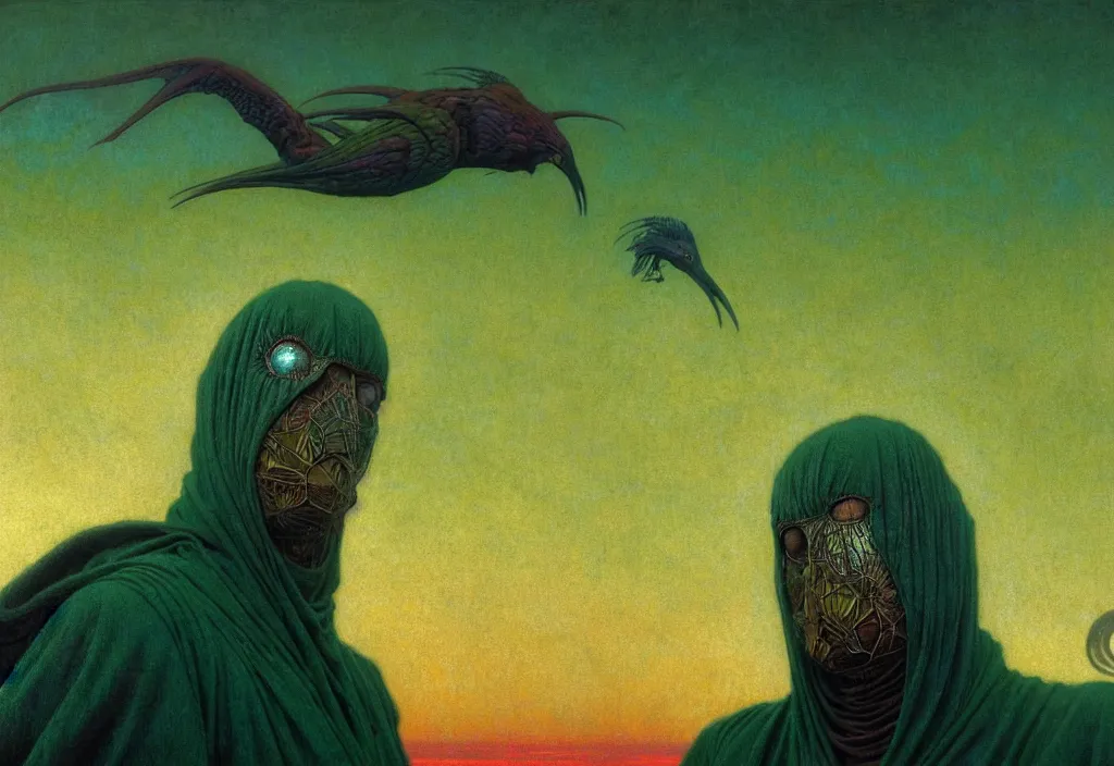 Image similar to realistic detailed portrait movie shot closeup of a! birdman! wearing dark green ragged robes, futuristic city sunrise landscape background by denis villeneuve, jean delville, yves tanguy, alphonse mucha, ernst haeckel, max ernst, roger dean, rich moody colours, cinematic