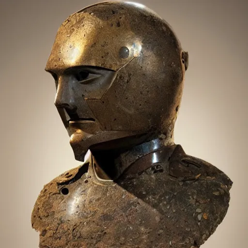 Image similar to an extremely ancient ironman bust that is tarnished and covered in sediment from uncovered earth expedition, rare photograph, smithsonian,