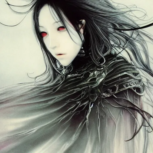 Image similar to Yoshitaka Amano blurred and dreamy illustration of an anime girl with wavy white hair and cracks on her face wearing Elden ring armour with the cape fluttering in the wind, abstract black and white patterns on the background, noisy film grain effect, highly detailed, Renaissance oil painting, weird portrait angle