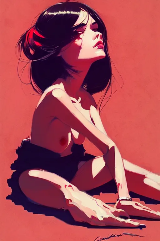 Image similar to a ultradetailed beautiful painting of a stylish woman sitting on the floor of a tiled room, by conrad roset, greg rutkowski and ilya kuvshinov trending on artstation