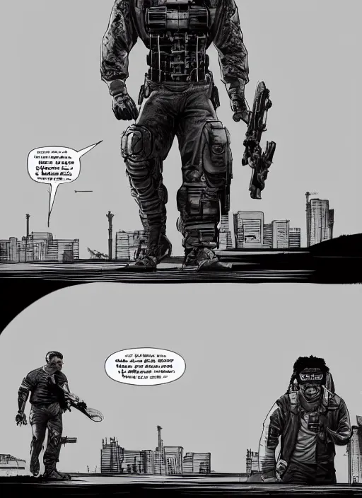 Prompt: Dumb Bubba. Buff cyberpunk meathead trying to intimidate a hacker. Realistic Proportions. Concept art by James Gurney and Laurie Greasley. Moody Industrial skyline. ArtstationHQ. Creative character design for cyberpunk 2077.