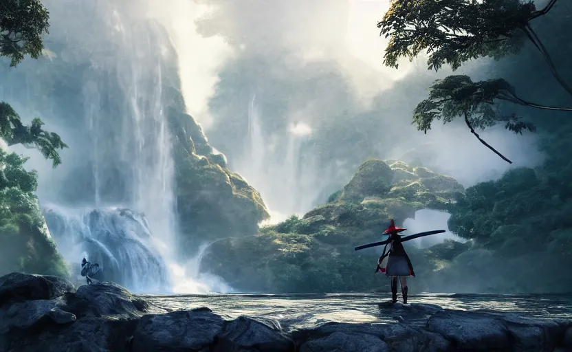 Prompt: highly detailed 3 d render of running shinobi warrior in straw hat, in front of massive waterfall, japanese village from sengoku period, surrounded by dense rock formations, mist, fog, blue night, cinematic lighting, photobash, raytracing, high contrast