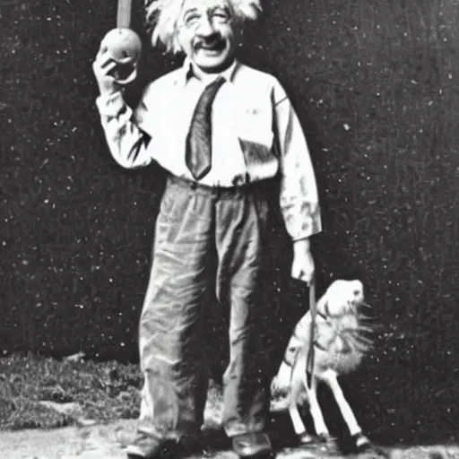 Prompt: Albert Einstein showing his toy when he was kid